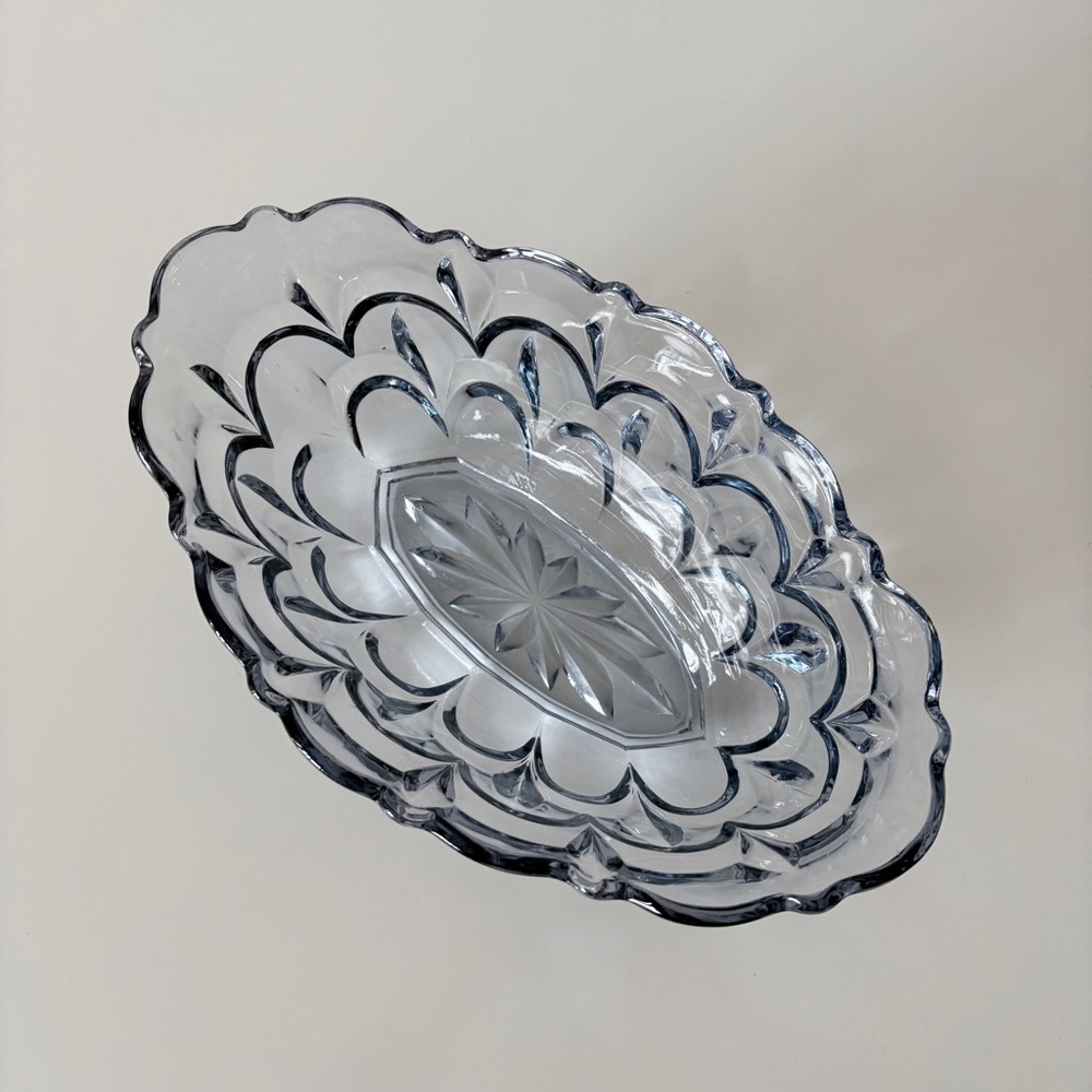 Depression Era Aqua Pressed Faceted Glass Bowl Scalloped Edge & Starburst Base - Picture 3 of 11